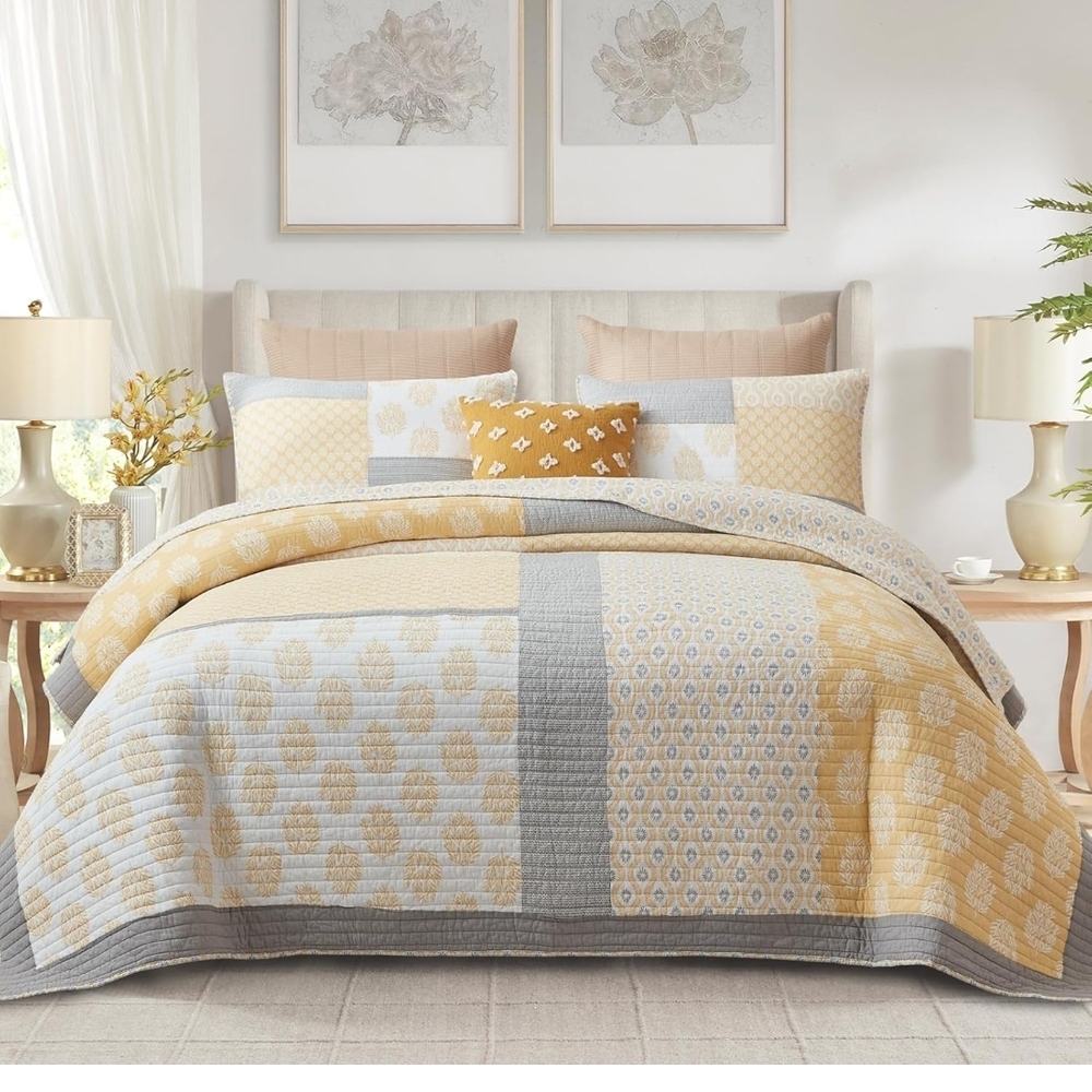 Finlonte Quilts Queen Size, 100% Cotton Queen Comforter Set, Yellow Grey Farmhou